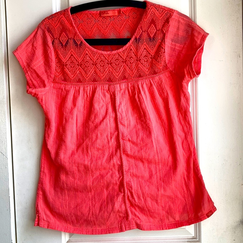 PrAna coral gauzy embroidered lightweight boho top
